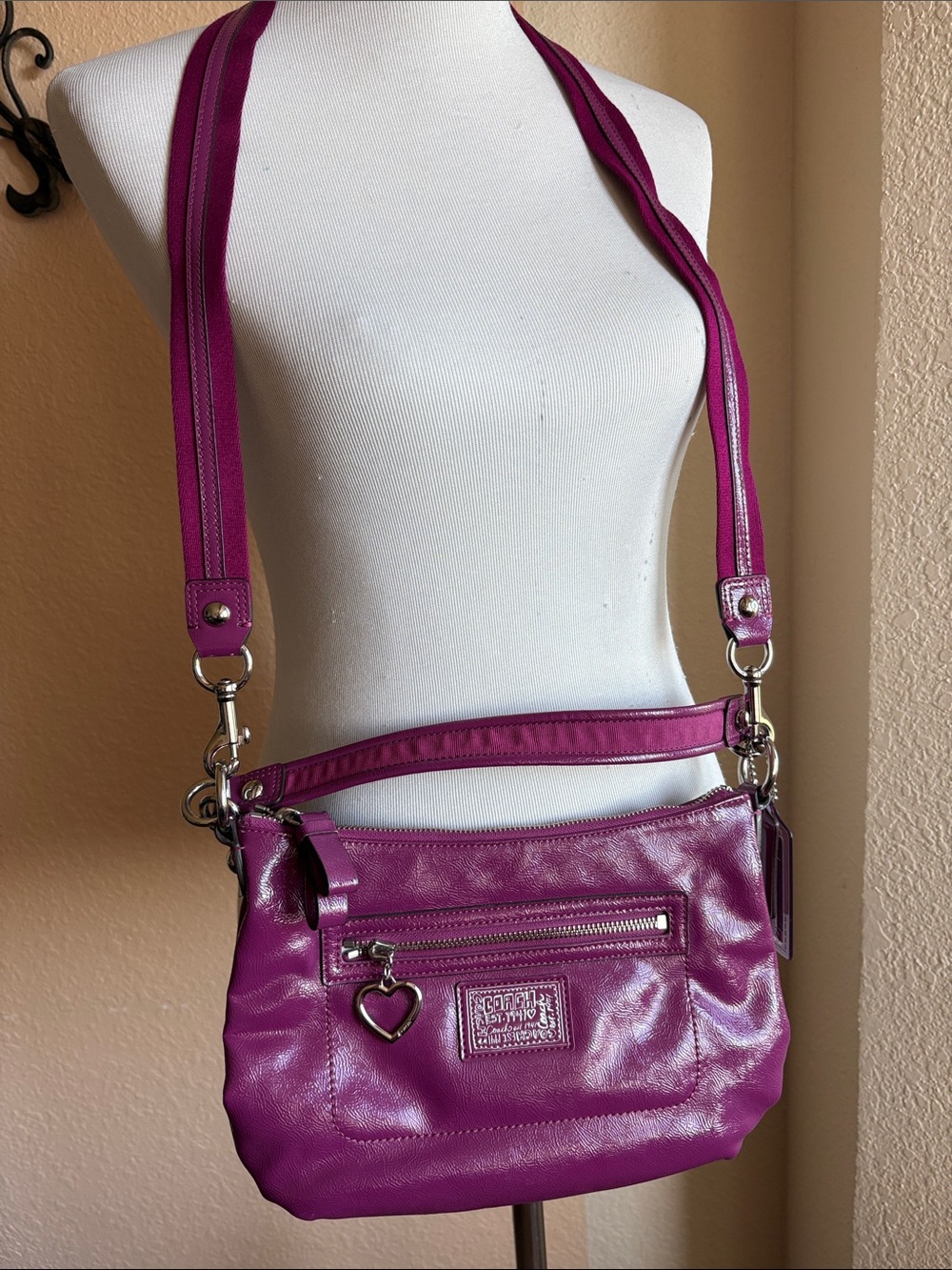 Coach Magenta Leather Crossbody Bag with Heart Charm excellent